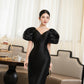 V-Neck Bodycon Dress with Voluminous Puff Sleeves