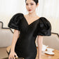 V-Neck Bodycon Dress with Voluminous Puff Sleeves