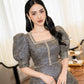 Tweed A-Line Dress with Puff Sleeves and Square Neckline
