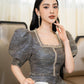 Tweed A-Line Dress with Puff Sleeves and Square Neckline