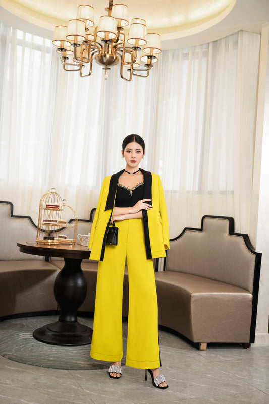 Yellow Blazer Pants Set with Embellished Black Top, Wide Leg Trousers