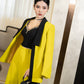 Yellow Blazer Pants Set with Embellished Black Top, Wide Leg Trousers