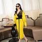 Bold Yellow Midi Wrap Dress with Black Embellished Detailing