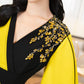 Bold Yellow Midi Wrap Dress with Black Embellished Detailing