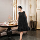 Black Sleeveless Floral Jacquard Dress with Flared Hem and Beaded Neckline