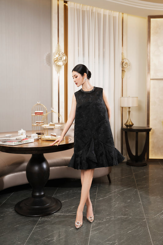 Black Sleeveless Floral Jacquard Dress with Flared Hem and Beaded Neckline