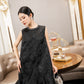 Black Sleeveless Floral Jacquard Dress with Flared Hem and Beaded Neckline