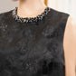 Black Sleeveless Floral Jacquard Dress with Flared Hem and Beaded Neckline
