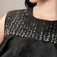Black Sleeveless A-Line Dress with Ruffled Overlay and Sequin Detailing