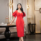 Elegant Red Bodycon Midi Dress with Puff Sleeves