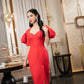 Elegant Red Bodycon Midi Dress with Puff Sleeves