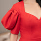 Elegant Red Bodycon Midi Dress with Puff Sleeves