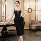 Black Sleeveless Peplum Midi Dress with Beaded Square Neckline