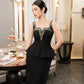 Black Sleeveless Peplum Midi Dress with Beaded Square Neckline