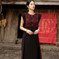 Black Gabardine Maxi Dress with Embroidered Bodice and Side Panels