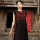 Black Gabardine Maxi Dress with Embroidered Bodice and Side Panels