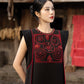 Black Gabardine Maxi Dress with Embroidered Bodice and Side Panels