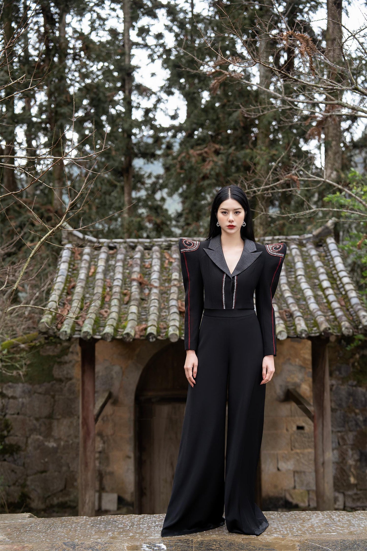 Satin Polyester Silk Coat and Wide-Leg Trousers Set