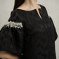 Black Jacquard Midi Dress with Pearl Embellished Sleeves