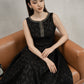 Black Sleeveless Jacquard A-Line Dress with Beaded Neckline