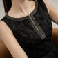 Black Sleeveless Jacquard A-Line Dress with Beaded Neckline