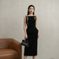 Black Peplum Midi Dress with Gold Embellished Shoulders