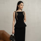 Black Peplum Midi Dress with Gold Embellished Shoulders