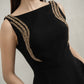Black Peplum Midi Dress with Gold Embellished Shoulders