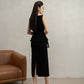Black Peplum Midi Dress with Gold Embellished Shoulders