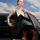 Black Sleeveless Jacquard Mini Dress with Embellished White Collar
