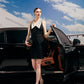Black Sleeveless Jacquard Mini Dress with Embellished White Collar