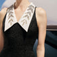 Black Sleeveless Jacquard Mini Dress with Embellished White Collar