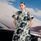 Black and White Floral Brocade A-Line Dress with Ruffle Sleeves