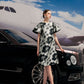 Black and White Floral Brocade A-Line Dress with Ruffle Sleeves