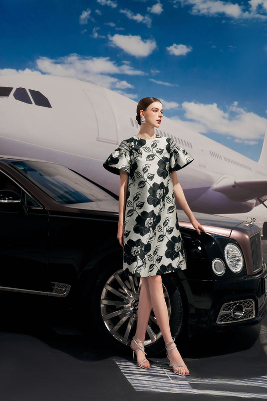 Black and White Floral Brocade A-Line Dress with Ruffle Sleeves