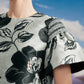 Black and White Floral Brocade A-Line Dress with Ruffle Sleeves