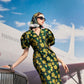 Puff Sleeve Floral Midi Dress with V-Neckline