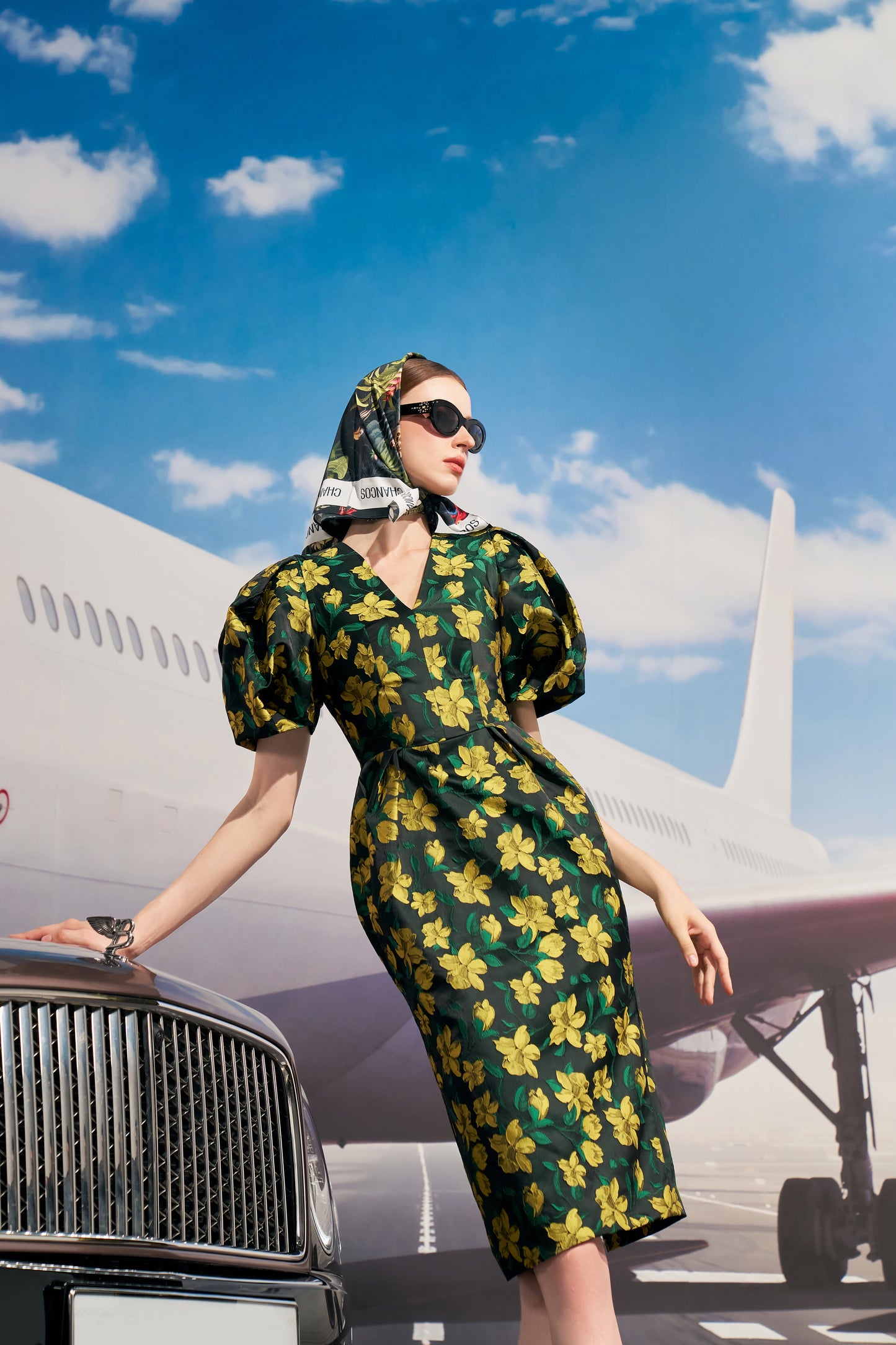 Puff Sleeve Floral Midi Dress with V-Neckline