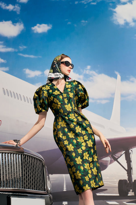 Puff Sleeve Floral Midi Dress with V-Neckline