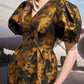 Puff Sleeve Floral Midi Dress with V-Neckline