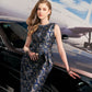 Sleeveless Metallic Blue and Gold Brocade Pencil Dress