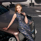 Sleeveless Metallic Blue and Gold Brocade Pencil Dress
