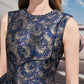 Sleeveless Metallic Blue and Gold Brocade Pencil Dress