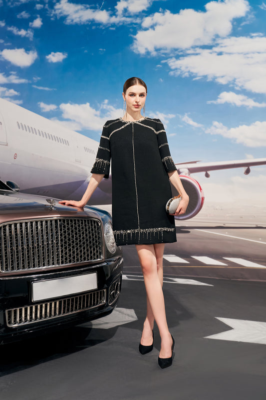 Black Embellished Evening Shift Dress with Beaded Details
