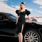 Puffed-Sleeve Side-Slit Bodycon Dress