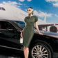 Vintage Olive Green Pencil Dress with Embellished Shoulders