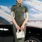 Vintage Olive Green Pencil Dress with Embellished Shoulders
