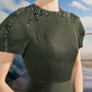 Vintage Olive Green Pencil Dress with Embellished Shoulders