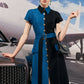 Two-Tone A-Line Denim Dress with Button Front and Belted Waist
