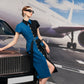 Two-Tone A-Line Denim Dress with Button Front and Belted Waist